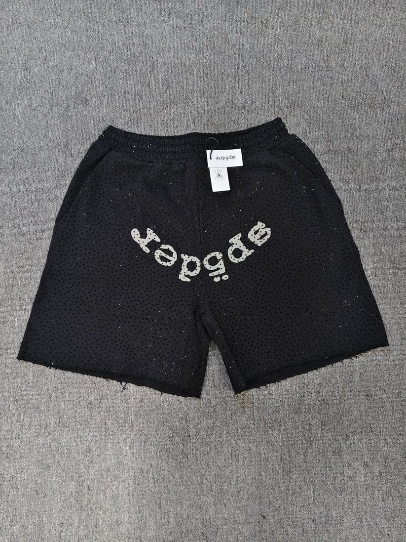 Sp5der Men's Rhinestone Graphic Oversized Shorts